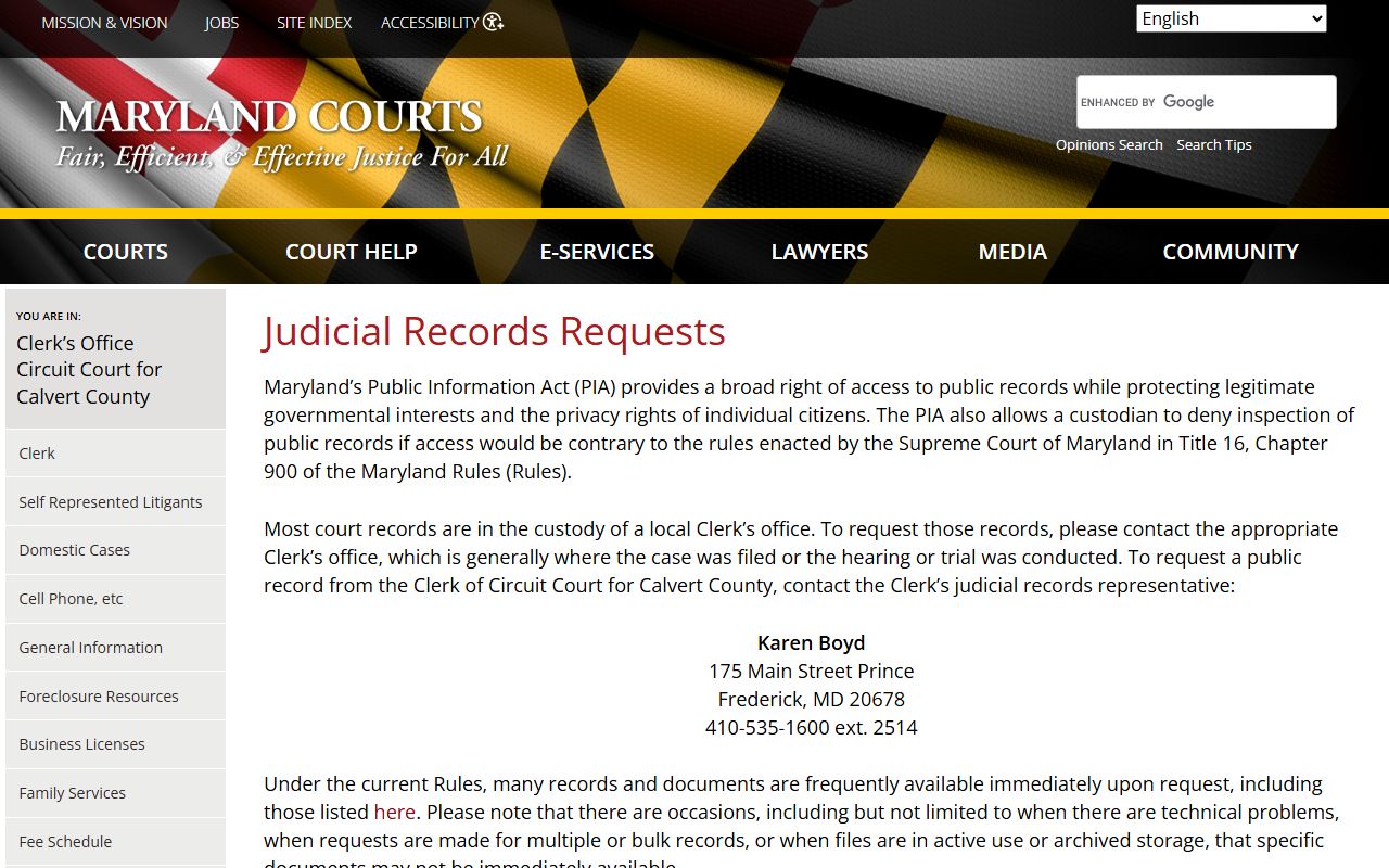 Calvert County criminal court records records request page