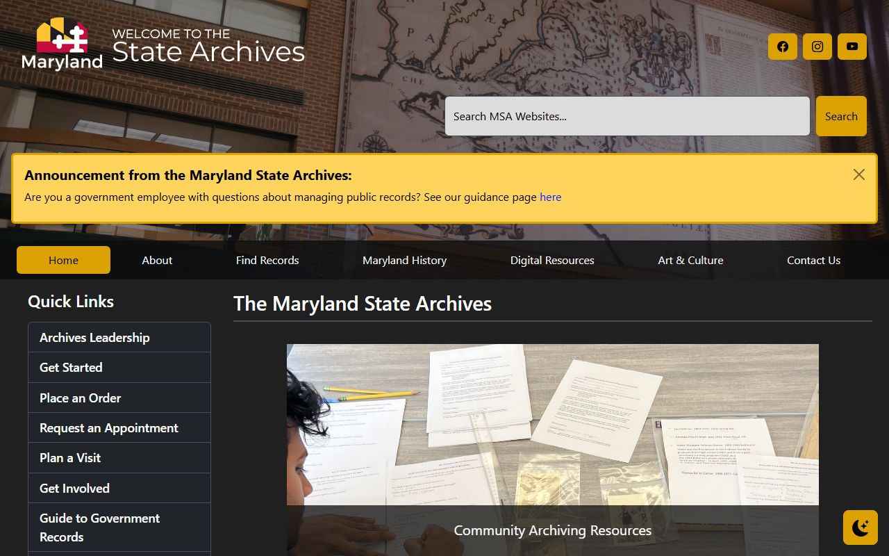 Maryland State Archives building with historical criminal court records collections